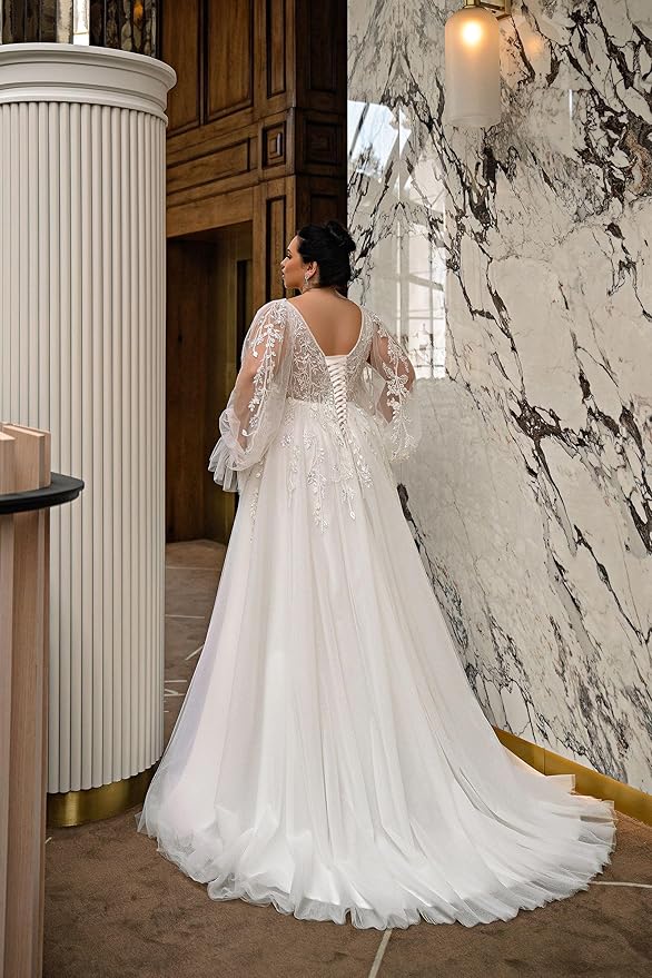 Plus Size Wedding Dresses for Bride Long Sleeve Wedding Bridal Gowns with Lace Appliques Off Shoulder Bride Dress