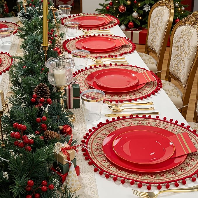 NOCCUR 350PCS Red Plastic Plates - Disposable Red Gold Dinnerware Set for 50 Guests, 100 Dinner/Dessert Plates, 150 Gold Silverware, 50 Cups&50 Napkins for Party/Wedding/Valentines Day