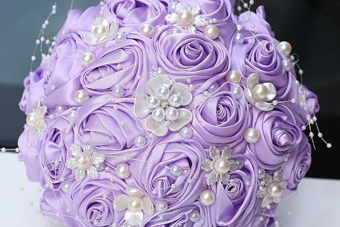 Handmade Wedding Bouquets for Bride Bridesmaid Brooch Artificial Holding Flower Tossing Bouquet(Light Purple,19cm,1PC)