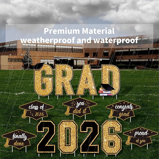 Aneco Waterproof 2026 Grad Yard Signs Plastic Graduation Yard Signs Party Outdoor Lawn Decorations 16 Inches Glitter Congrats Grad with Stakes for Outdoor, Lawn Party Decor (Black and Gold)