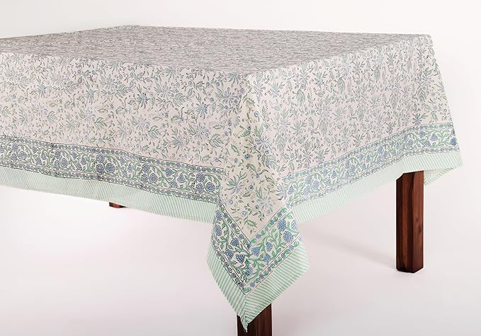 ATOSII Aster Blue 100% Cotton Rectangle Boho Fall Tablecloth, Handblock Floral Table Cloth Linen for Kitchen Dining I Parties Wedding Outdoors Christmas Thanksgiving I Fall Home Decor 60 X 90 Inches
