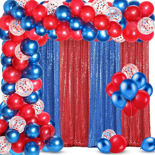 137 Pcs Red Blue Party Decorations with 4 Sequin Backdrop Curtains 133 Balloon Arch Kit Glitter Photo Backdrop Background for Hero Birthday Wedding Anniversary Baby Shower Graduation