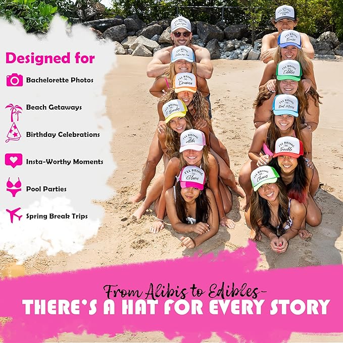 Funky Junque Women's Funny Trucker Hats: Adult Humor for Bachelorette & Girls Trips, Groups 3-25, Mesh Hat - I'll Bring The's