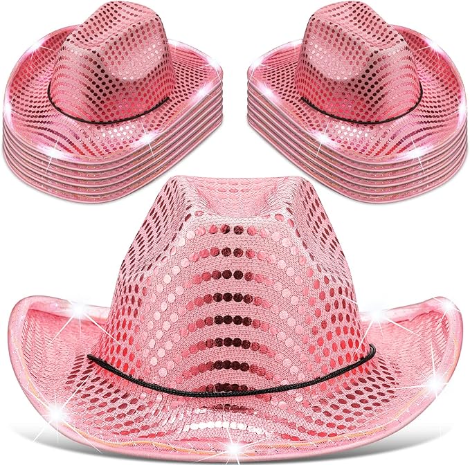 Kigeli 10 Pcs Lights LED Cowboy Cowgirl Hat LED Flashing Hat Cowgirl Hat for Western Cowboy Role Play(Silver,Sequin)