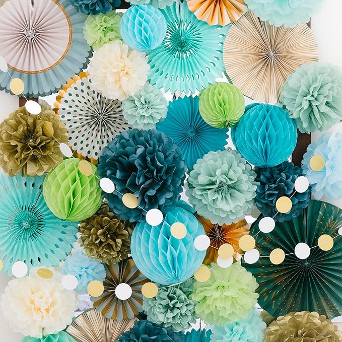 PapaKit Deluxe Origami Large Wall Decoration Set (Assorted Paper Fans & Pom-poms) Birthday Party Baby Shower Wedding Event Decor | Creative Art Design Pattern (Sage Green, Deluxe 26 Piece Set))