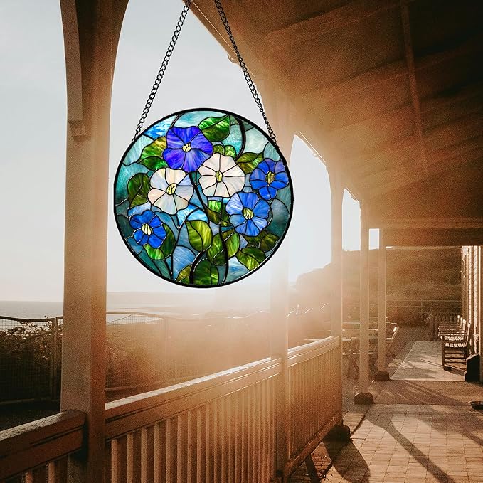 Stained Glass Window Hanging - Blue White Morning Glory Birth Flower Suncatcher for Door Garden Yard Sun Catchers Decor Christmas Mother's Day Birthday Gifts for Women Mom Nana Friend 11.8 in