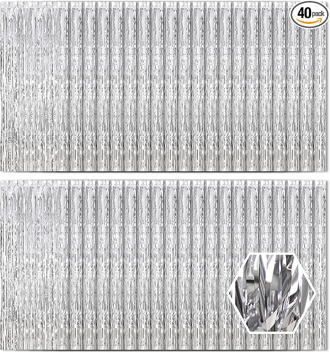 40 Pack Silver Foil Curtain Backdrop Metallic Tinsel Foil Fringe Curtains Photo Booth Props for Birthday Party Decoration Christmas Holiday Halloween New Year Party Supply