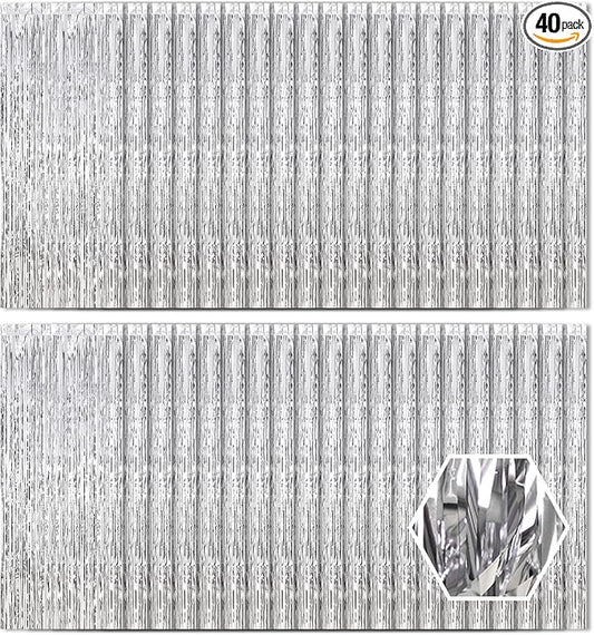 40 Pack Silver Foil Curtain Backdrop Metallic Tinsel Foil Fringe Curtains Photo Booth Props for Birthday Party Decoration Christmas Holiday Halloween New Year Party Supply