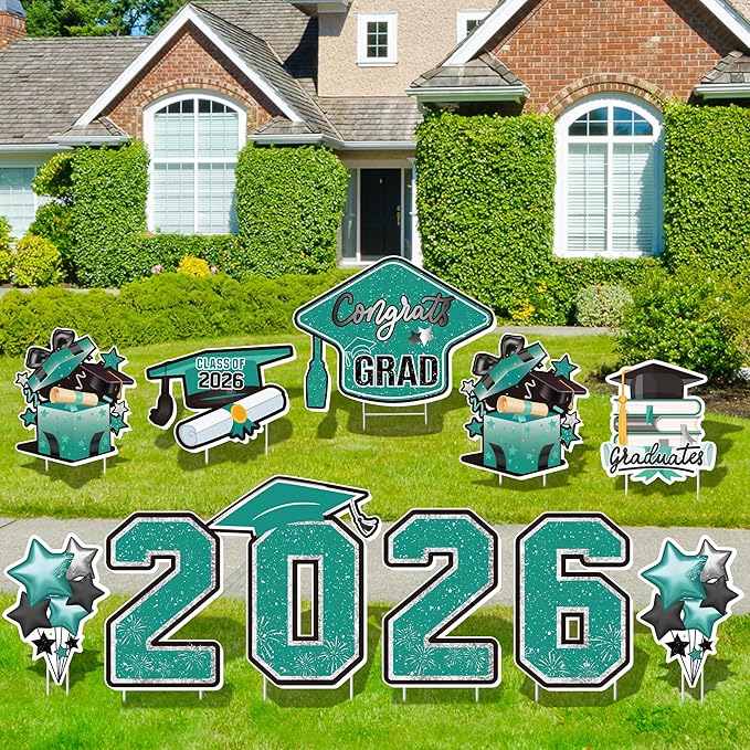 Large 11 PCS Graduation Yard Signs, Class of 2026 Congrats Grad Outdoor Lawn Yard Sign with Stakes, Graduate Yard Decorations for College High School Party, Teal