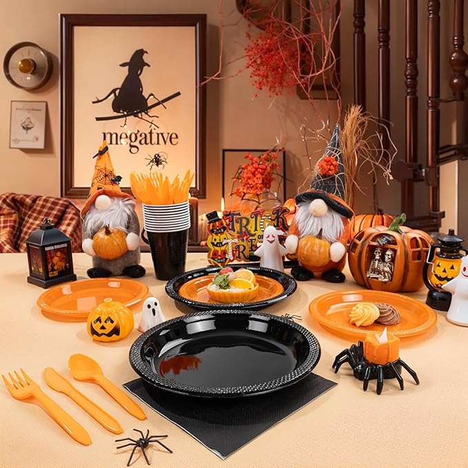 MirthMood 350PCS black and orange Plastic Plates,Black Disposable Plates –Plastic Plates Set Includes 50 Dinner,50 Dessert Plate,50 Cup&50 Napkins, 50 orange Silverware for Parties&Thanksgiving