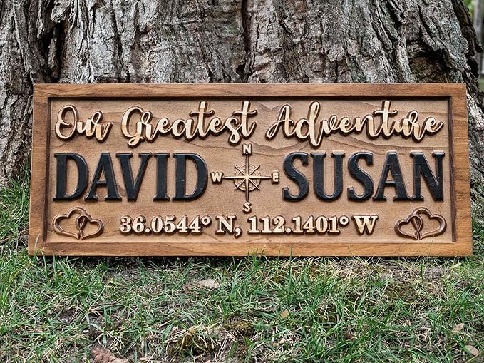 Personalized Wedding Compass Gift for Couple | Bridal Shower Gift Destination Wedding Name Sign Coordinates Engagement Gift Wood Anniversary