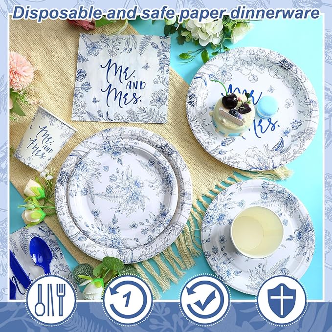 Zhehao 250 Pcs Mr. and Mrs. Bridal Shower Plates Napkins Sets 50 Pcs 9'' Dinner Plates and 7'' Dessert Plate and 9oz Cups 100 Napkins Serves 50 Party Supplies Bridal Shower Engagement Decoration