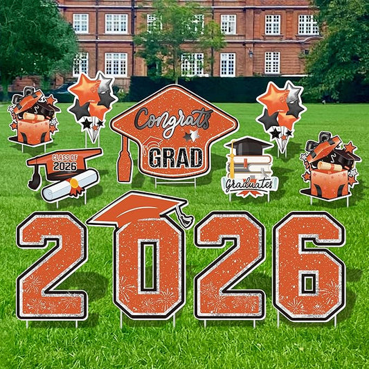 Large 11 PCS Graduation Yard Signs, Class of 2026 Congrats Grad Outdoor Lawn Yard Sign with Stakes, Graduate Yard Decorations for College High School Party, Orange