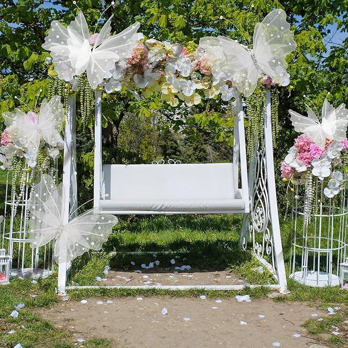 Geelin 6 Pcs Large White Pearl Butterfly Decorations Mariposas Grandes para Decoracion Big Butterfly Party Decor 20 Inch 12 Inch 3D Silk Butterflies for Baby Shower Birthday Party Wedding Decor