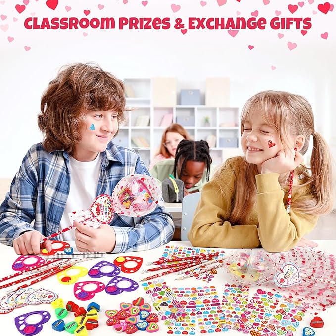 POPGIFTU Valentine Classroom Exchange Gifts for Kids – 28 Pack Lollipop-Shaped Stationery with Cards, Pencils, Erasers, Rulers & Stickers for Boys and Girls, Party Favors for School