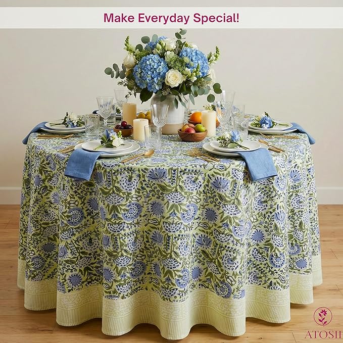 ATOSII Amara 100% Cotton Round Summer Tablecloth, Handblock Print Floral Table Cloth for Kitchen Dining Linen I Parties, Weddings, Outdoors I Grand Millennial Farmhouse Home Decor 90" Inches Round