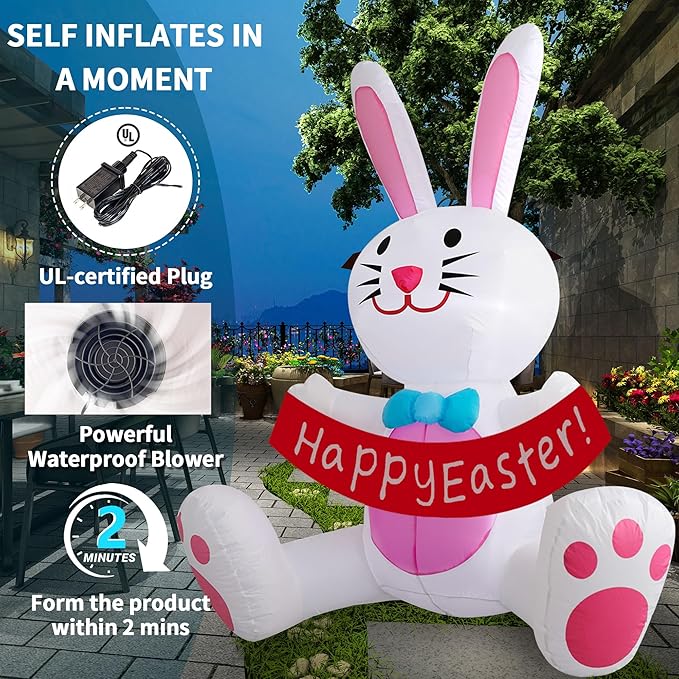 5FT Easter Inflatables Outdoor Decorations Easter Bunny Holds Banner with LED Lights Blow Ups Decor for Yard Outside Indoor Party Home Garden Lawn Holiday
