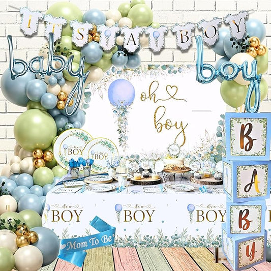 MEGA 254 Pc Watercolor Dusty Blue And Sage Green Baby Shower Decorations Boy, Gender Neutral Balloons Garland Kit, BABY boxes, Backdrop, Banners, Cake Topper, Tablecloth, Plates Napkins, Cups Utensils