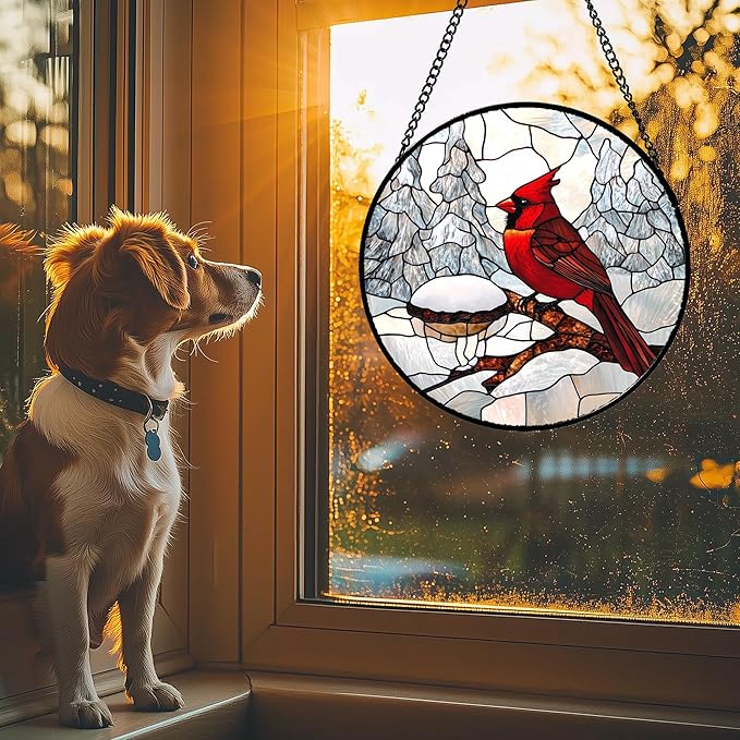 Stained Glass Window Hanging Cardinal Bird Winter Snow Scene 9.8" - Suncatcher Door Garden Sunroom Sun Catcher Home Decor Birthday Christmas for Mom Men Woman Nana