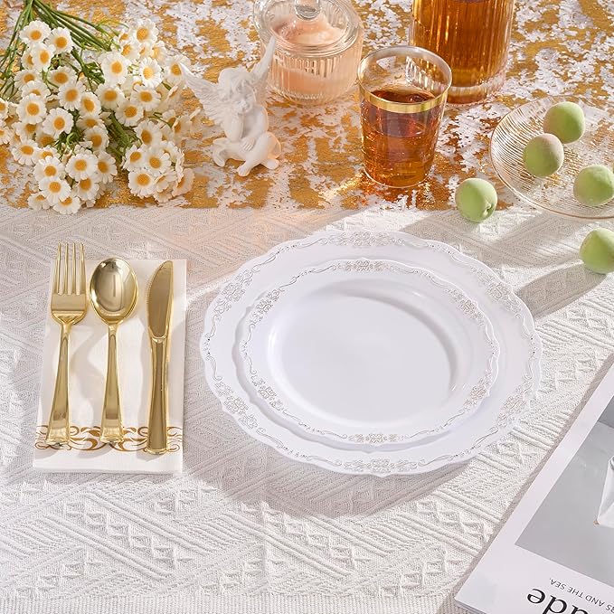 175 PCS White and Gold Disposable Plates, Elegant Dinnerware Set for 25 Guests, 50 Plastic Plates, 75 Silverware, 25 Cups & 25 Paper Napkins, White and Gold