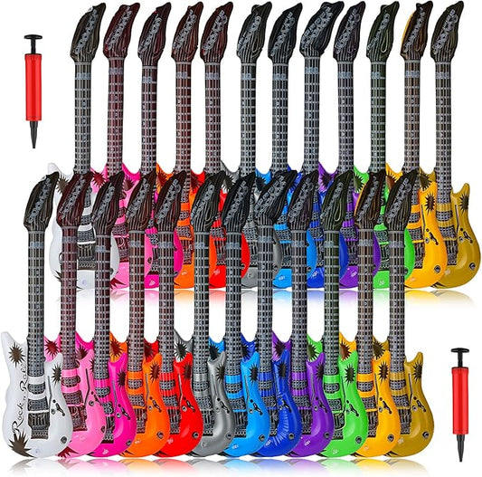 24 Pcs Inflatable Guitars for Parties Bulk Blow Rock Star Guitar Set Rock and Roll Party Decorations Photo Booth Props for Birthday 80s 90s Themed Party Carnival, 12 Colors