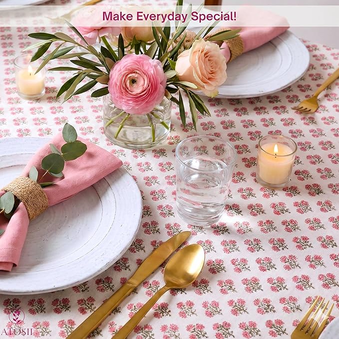 ATOSII Gulbahar White Pink 100% Cotton Spring Summer Square Tablecloth, Handblock Print Floral Table Cloth for Kitchen Dining Linen I Weddings, Outdoors, Easter 60 X 60 Inches I 4 Seater