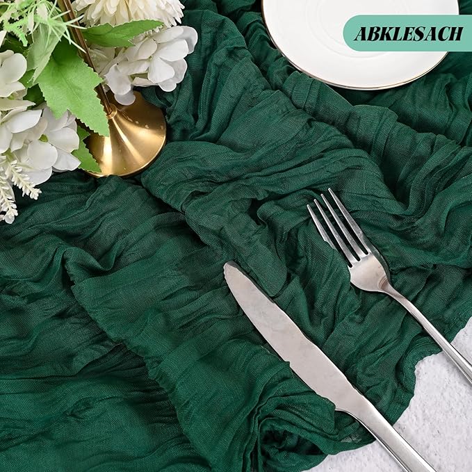 24 Pack Emerald Green Cheesecloth Table Runner 120 inch Fall Thanksgiving Boho Rustic Gauze Farmhouse 10FT Cheese Cloth Runner for Baby Shower Wedding Party Holiday Home Decor