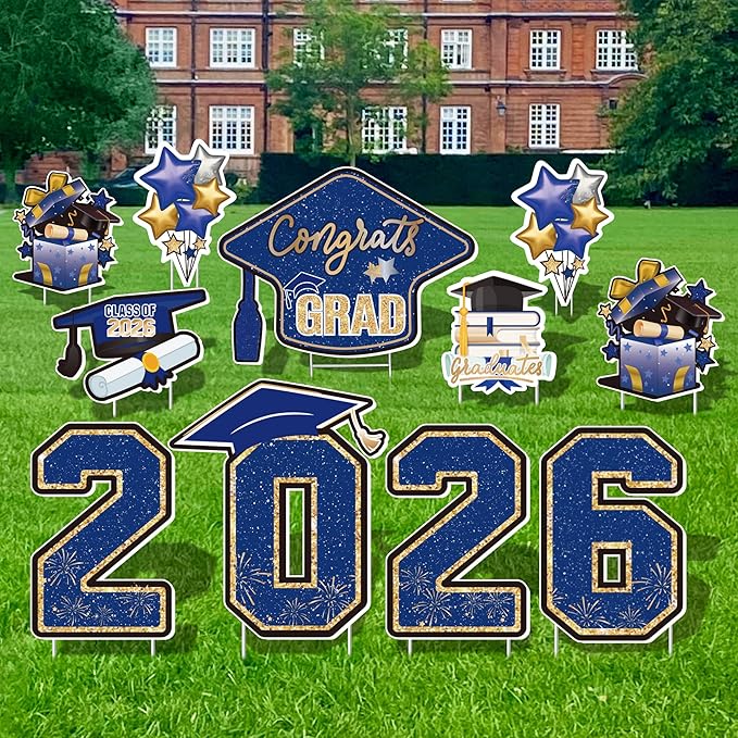 Large 11 PCS Graduation Yard Signs, Class of 2026 Congrats Grad Outdoor Lawn Yard Sign with Stakes, Graduate Yard Decorations for College High School Party, Blue and Gold