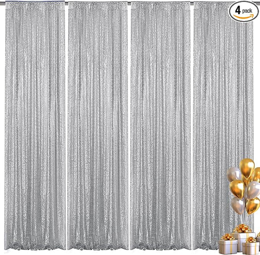 Silver Sequin Backdrop Curtain 4 Pieces 2FTx8FT Glitter Photography Backdrop for Party Wedding Birthday Christmas Decorations