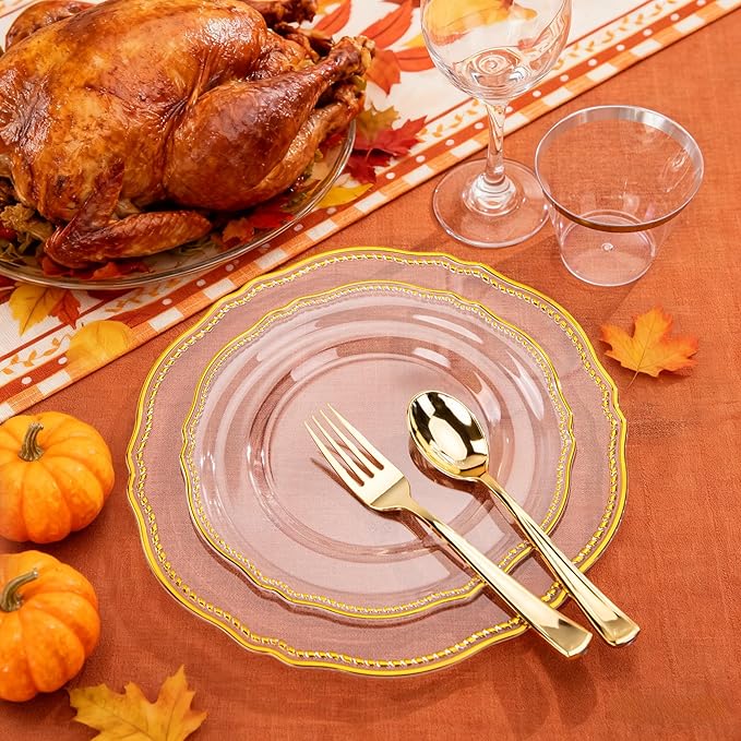 Hioasis 175pcs Clear Gold Plastic Plates - Gold Plastic Dinnerware Set Includes 25 Dinner Plates, 25 Dessert Dinnerware, 25 Cups, 25 Napkins Perfect for Wedding & Party