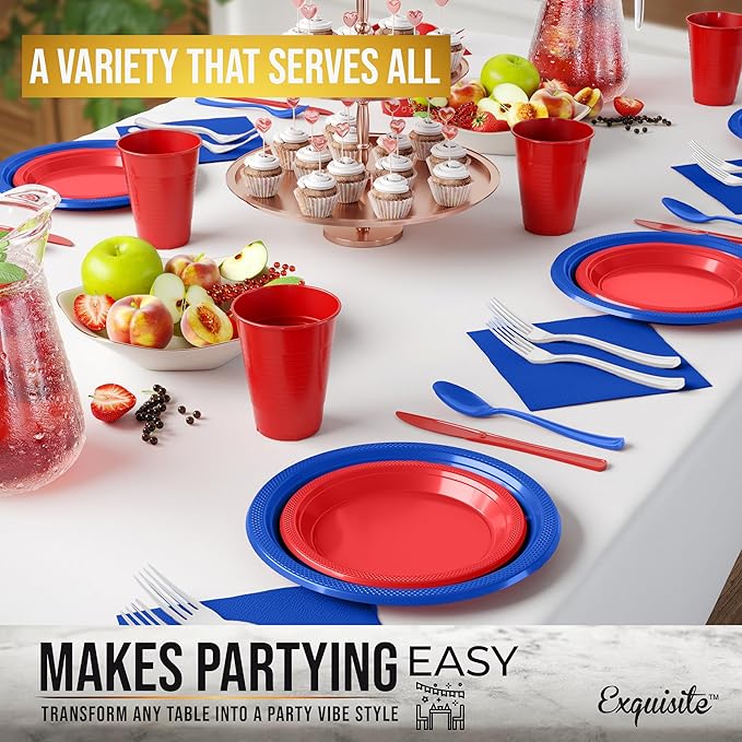 350 Pcs Patriotic Plastic Plates For Party, Patriotic Disposable Plates Set, 50 Of Each 9" Dinner Plate Set, 7" Dessert Plate, Cups, Napkins & Cutlery Plastic Dinnerware Exquisite