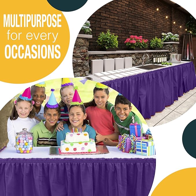Exquisite Ruffle Table Skirt Purple 48 Pack 14 Ft Long Table Skirts for Rectangle Tables 6ft Plus or Round Tables Skirts with Adhesive Strip for Gender Reveal Decor & Happy Birthday Parties