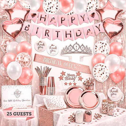 225 PC Rose Gold Birthday Party Decorations Kit for Girls, Teens, Women - Happy Birthday Banner, Curtains, Table Runner, Balloons, Sash, Tiara, Cake Topper, Plates, Cups, Napkins, Straws for 25 Guests