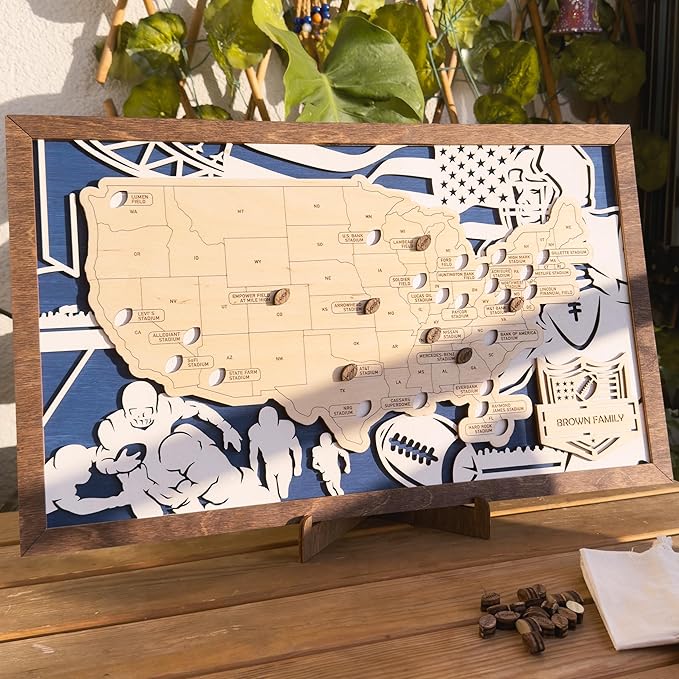 Personalized Wooden American Football Stadium Tracker Map - Football Stadium Bucket List - Custom Travel Map - Handcrafted Wall Art - Unique Gift for Football Fans (With Silhouette)