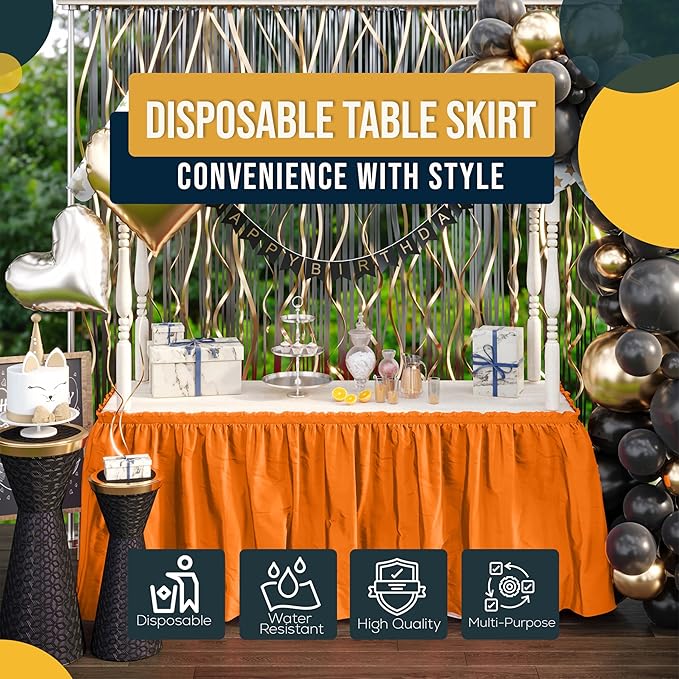 Exquisite Ruffle Table Skirt Orange 12 Pack 14 Ft Long Table Skirts for Rectangle Tables 6ft Plus or Round Tables Skirts with Adhesive Strip for Gender Reveal Decor & Happy Birthday Parties