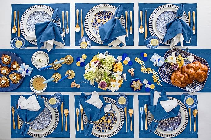 Solino Home Linen Napkins Set of 4 - Classic Hemstitch 100% Pure Linen Indigo Blue Dinner Napkins Cloth 20 x 20 Inch for Spring, Easter - Handcrafted and Machine Washable