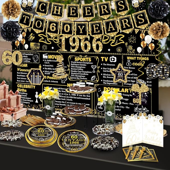 60th Birthday Decorations for Men Women, 103 PCS Back in 1966 Decorations, Vintage 60th Birthday Party Tableware Set for men,Backdrops,Banner, Hanging Swirl,Card, Paper Poms,Tableware for 24 Guests