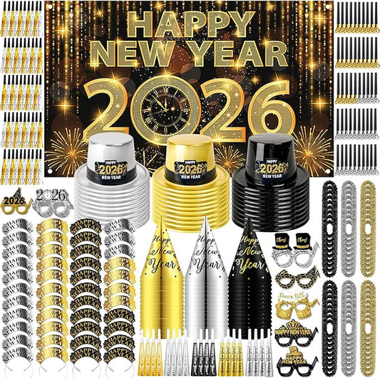 MOVINPE 2026 New Years Eve Party Supplies Bulk Serve 120 - New Year's Banner Backdrop Top Hats, Cone Hats, Tiara, Glasses, Leis, Horns, Blowouts, Noiese Makers, Event Party Favors