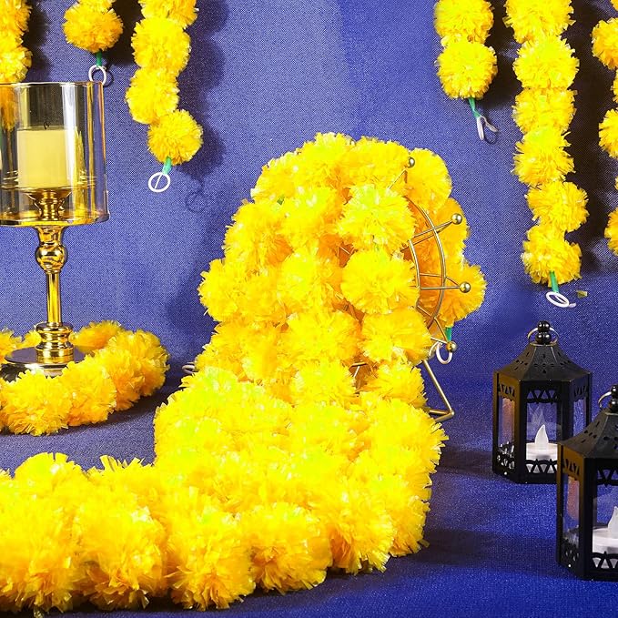 Giegxin 15 Pack Marigold Garland for Decoration 5 ft Long Strands Faux Artificial Marigold Flowers for Dia De Los Muertos Diwali Indian Wedding Party Decorations(Yellow)