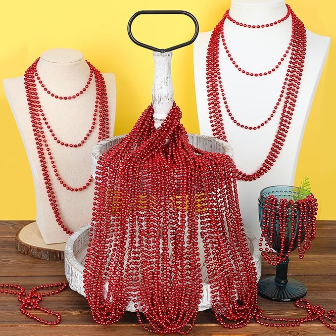 200PCS Bead Necklace, Red Christmas Bead Stuff Party Favors, 33" Red Necklaces Festival Parade Throw Accessories for Wedding Birthday Valentines Mardi Gras Christmas Celebrations Decorations