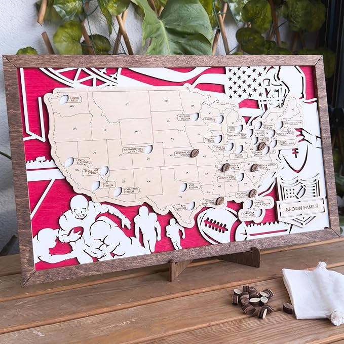 Personalized Wooden American Football Stadium Tracker Map - Football Stadium Bucket List - Custom Travel Map - Handcrafted Wall Art - Unique Gift for Football Fans (With Silhouette)