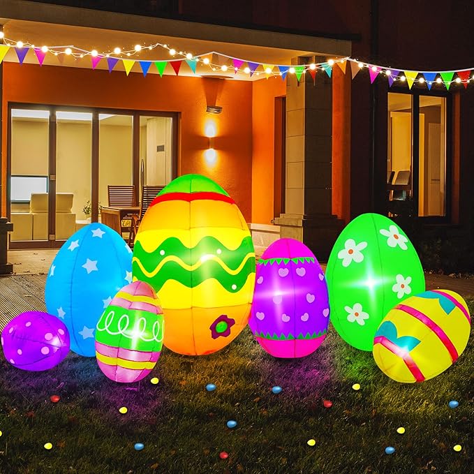 7FT Easter Inflatables Outdoor Decorations Giant Easter Eggs, Bright LED Lights Colorful Easter Blow Up Decor for Yard Indoor Outside Party Home Lawn Garden Porch Holiday
