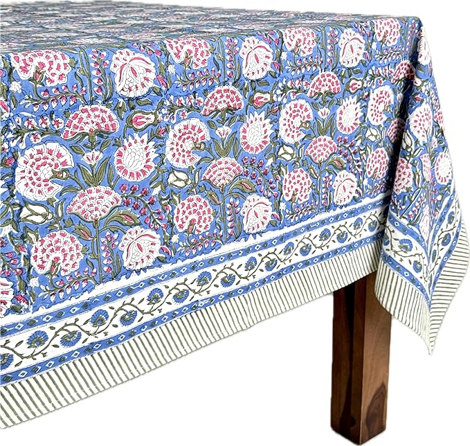 ATOSII Clover Pink 100% Cotton Rectangle Boho Fall Tablecloth, Handblock Floral Table Cloth Linen for Kitchen Dining I Parties Wedding Outdoors Christmas Thanksgiving I 72 X 108 Inches I 8 Seater