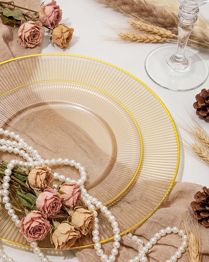 Hioasis 60pcs Brown and Gold Plastic Plates - Brown Disposable Dinnerware Set, 30pcs Dinner 10.25in & 30pcs Dessert 7.5in Plates with Striped Designs for Party & Wedding