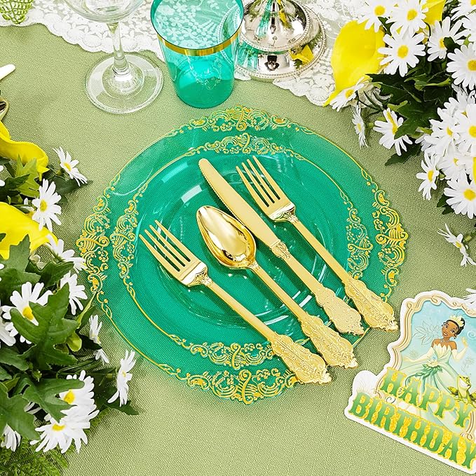 Hioasis 350pcs Green and Gold Plastic Plates - Green Party Plates for 50 Guest, Include 100 Heavy-duty Plates(20% Thicker Than Standard), 150 Cutlery Set, 50 Napkin, 50 Cups