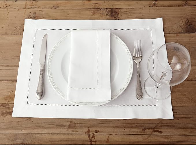 Solino Home White Placemats Set of 4 - Cotton Linen Hemstitch Placemats 14 x 19 Inch for Winter, Valentines, Spring, Easter