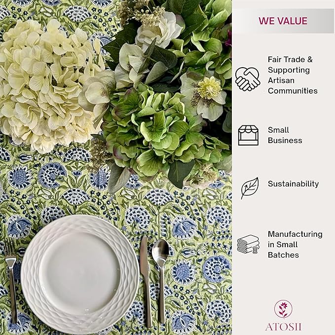 ATOSII Amara 100% Cotton Round Summer Tablecloth, Handblock Print Floral Table Cloth for Kitchen Dining Linen I Parties, Weddings, Outdoors I Grand Millennial Farmhouse Home Decor 72" Inches Round