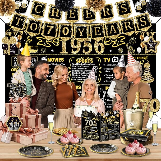 70th Birthday Decorations for Men Women, 103 PCS Back in 1956 Decorations, Vintage 70th Birthday Party Tableware Set for men,Backdrops,Card, Banner, Paper Poms,Hanging Swirl, Tableware for 24 Guests