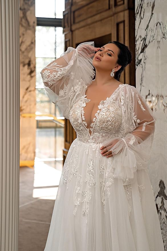 Plus Size Wedding Dresses for Bride Long Sleeve Wedding Bridal Gowns with Lace Appliques Off Shoulder Bride Dress