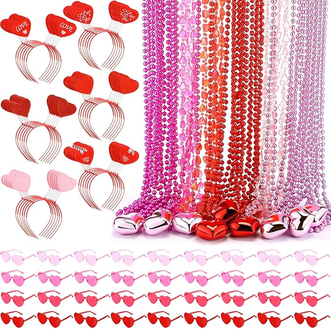 Kanayu 108 Pcs Valentines Day Accessories 36 Valentines Heart Headbands 36 Heart Shaped Sunglasses 36 Bead Necklaces for Valentine Party Favors Supplies Bachelorette Decorations(Red Pink)